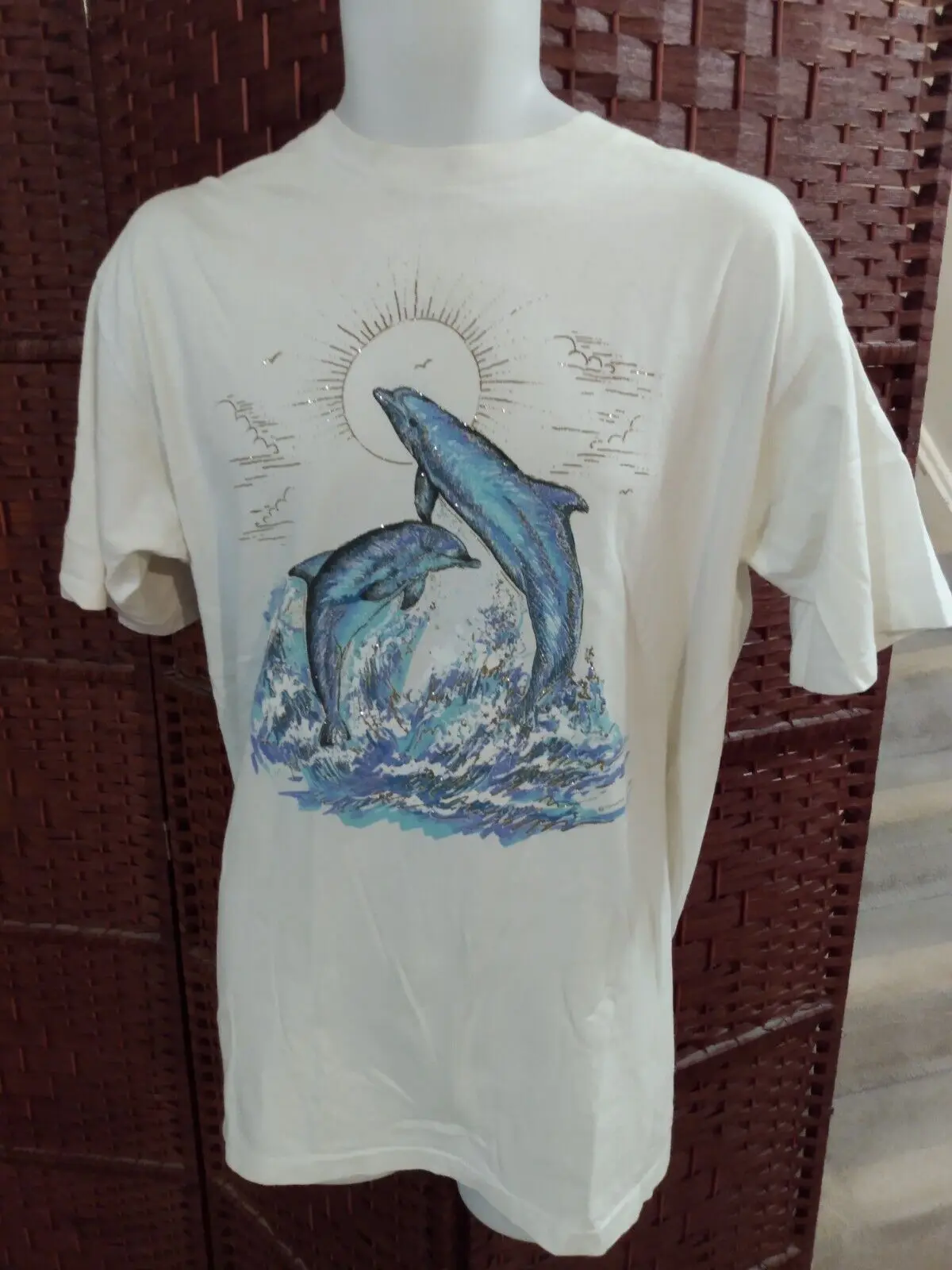 Maglietta Vintage Anni '90 Con Stampa Delfino Ocean Sun Sea Large Diamond Dust