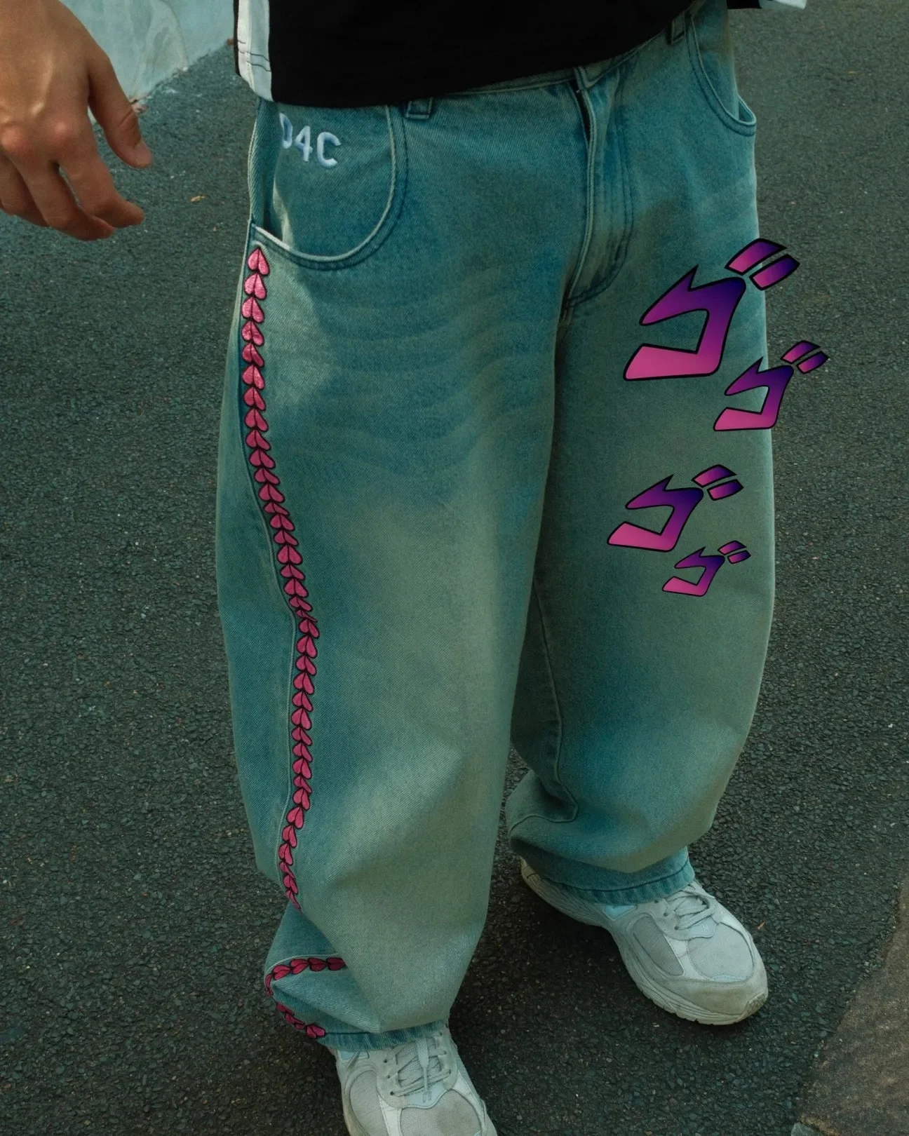 Y2K Men D4C JoJo High Waist Baggy Jeans Women Pink Heart Side Embroidery Loose Fit Washed Denim Pants Streetwear Wide Leg Pants 4