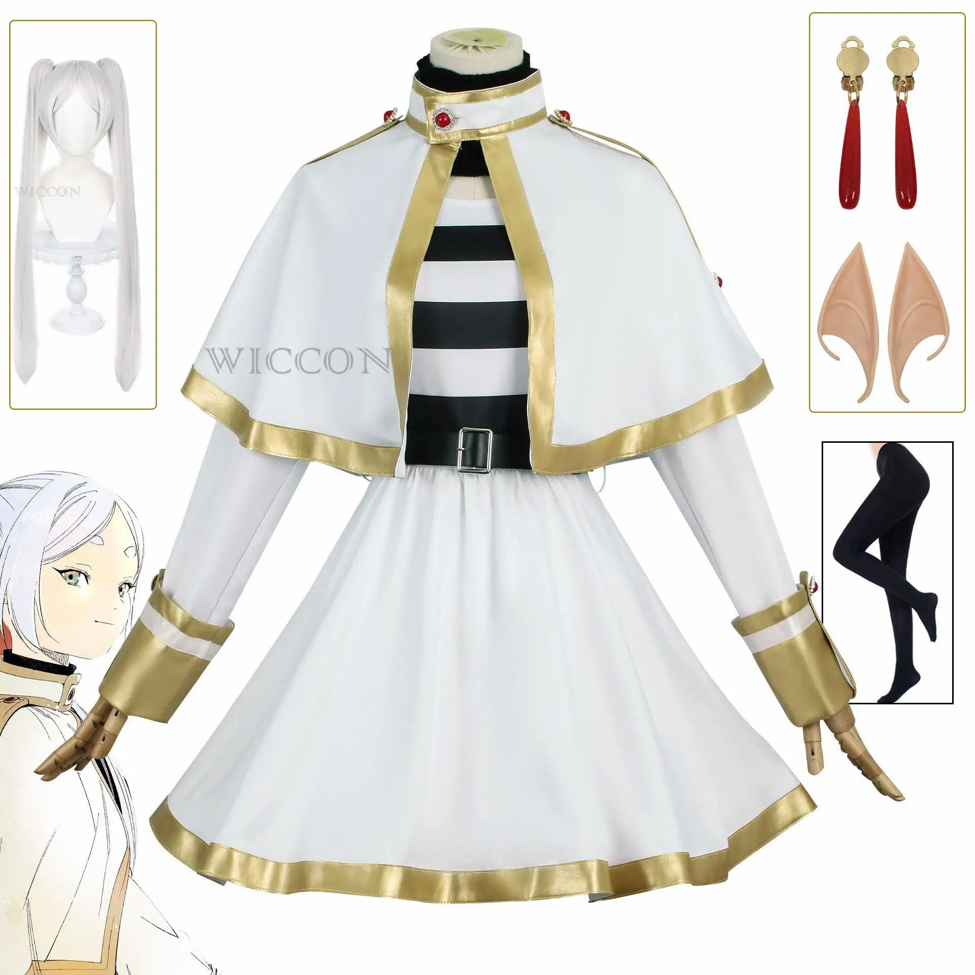 

Frieren Cosplay Costume Anime Frieren Beyond Journey's End White Dress Uniform Ears Earrings Wig Halloween Party Women Cosplay