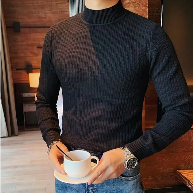 

New Autumn Knit Long-sleeved Half-turtleneck Men's Sweater Slim-fit Bottom Knit Top Simple Solid Color Muscle Men's Knitwear Ful