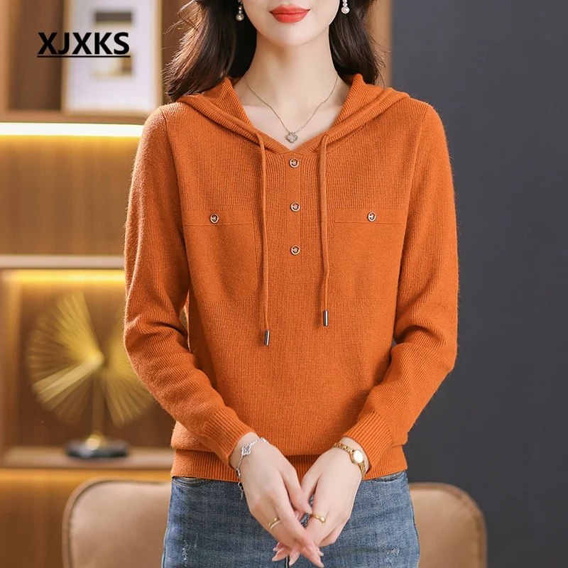 

XJXKS 2023 Autumn And Winter New Young Women's Sweater Solid Color All-match Soft Wool Knit Hooded Pullover