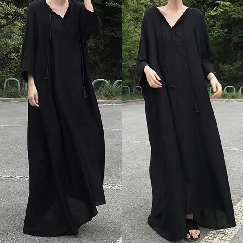 Muslim Abayat DressV Collar Loose Cotton and Linen Solid Color Simple Fashion Casual Women's Dress Japanese and Korean Style