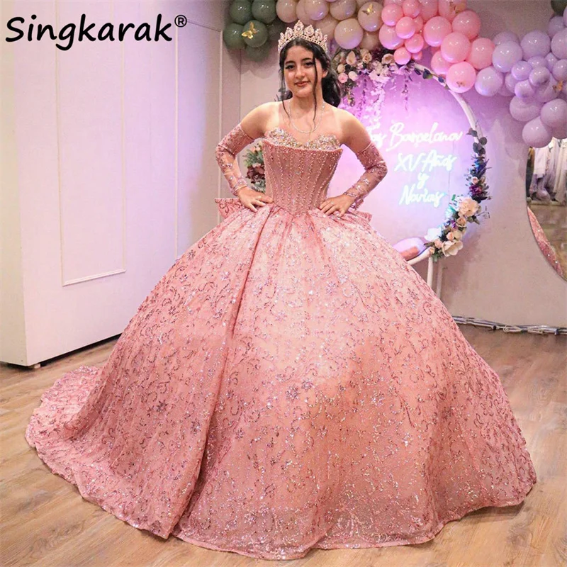 

Glitter Pink Princess Quinceanera Dresses With Two Gloves Corset Appliques Pearls Beads Crystal Ball Gown Sweet 15th Dress