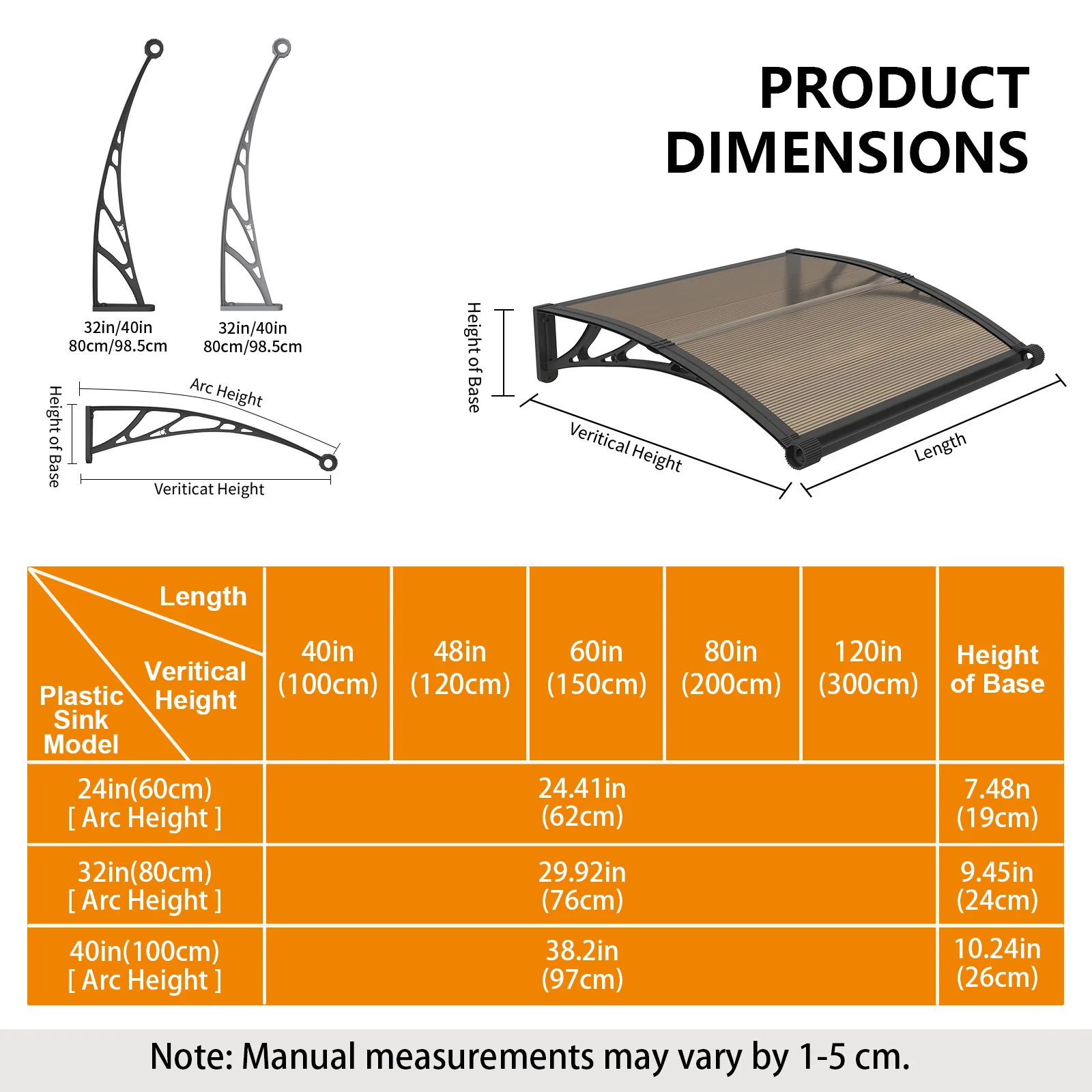 Large Gutter Window Awning Door Canopy Polycarbonate Cover Patio Door Awning UV Rain Snow Sunlight Protection