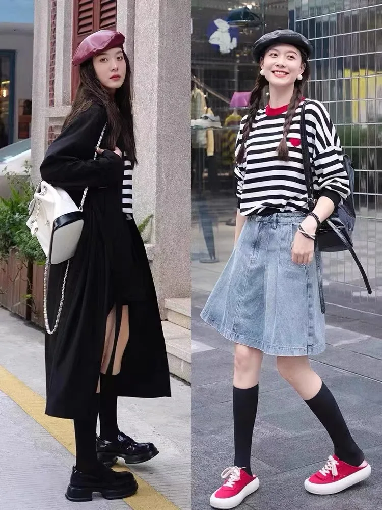 Women’s Striped Knit Jumper with Heart Patch - Classic Crewneck Design