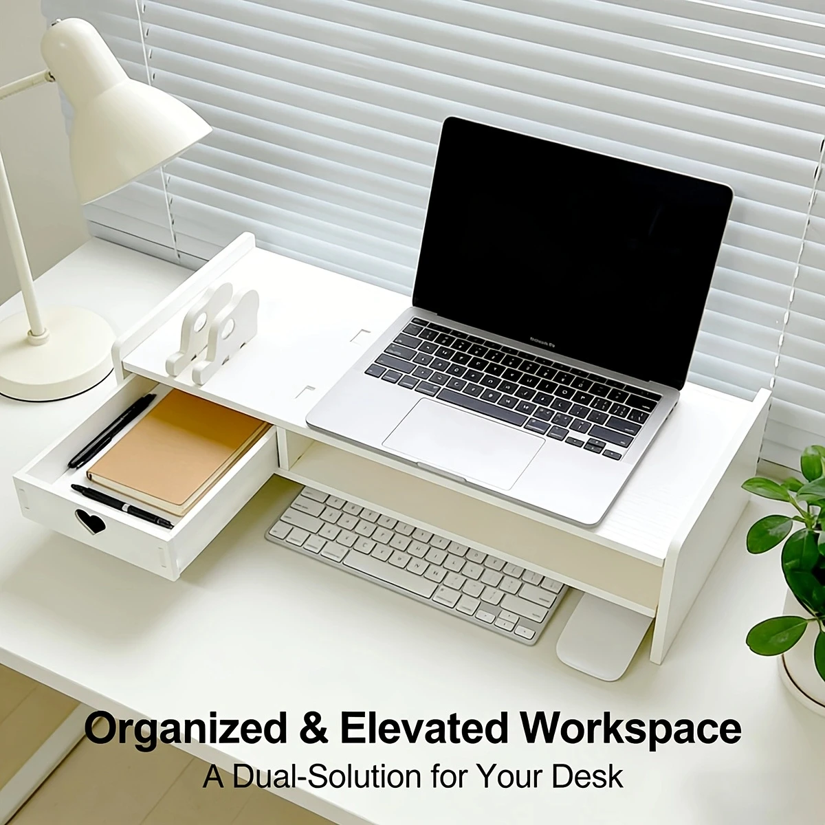 2-Tier Monitor Stand Riser with Drawer, Desktop Heightening Holder, Computer Screen Shelf, Desk Storage Organizer for Space Savi