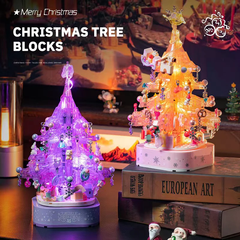 

2024 Winter New Year Christmas Tree With Lights Building Blocks Set Santa Claus Ornament Brick Toys Children Xmas Gifts