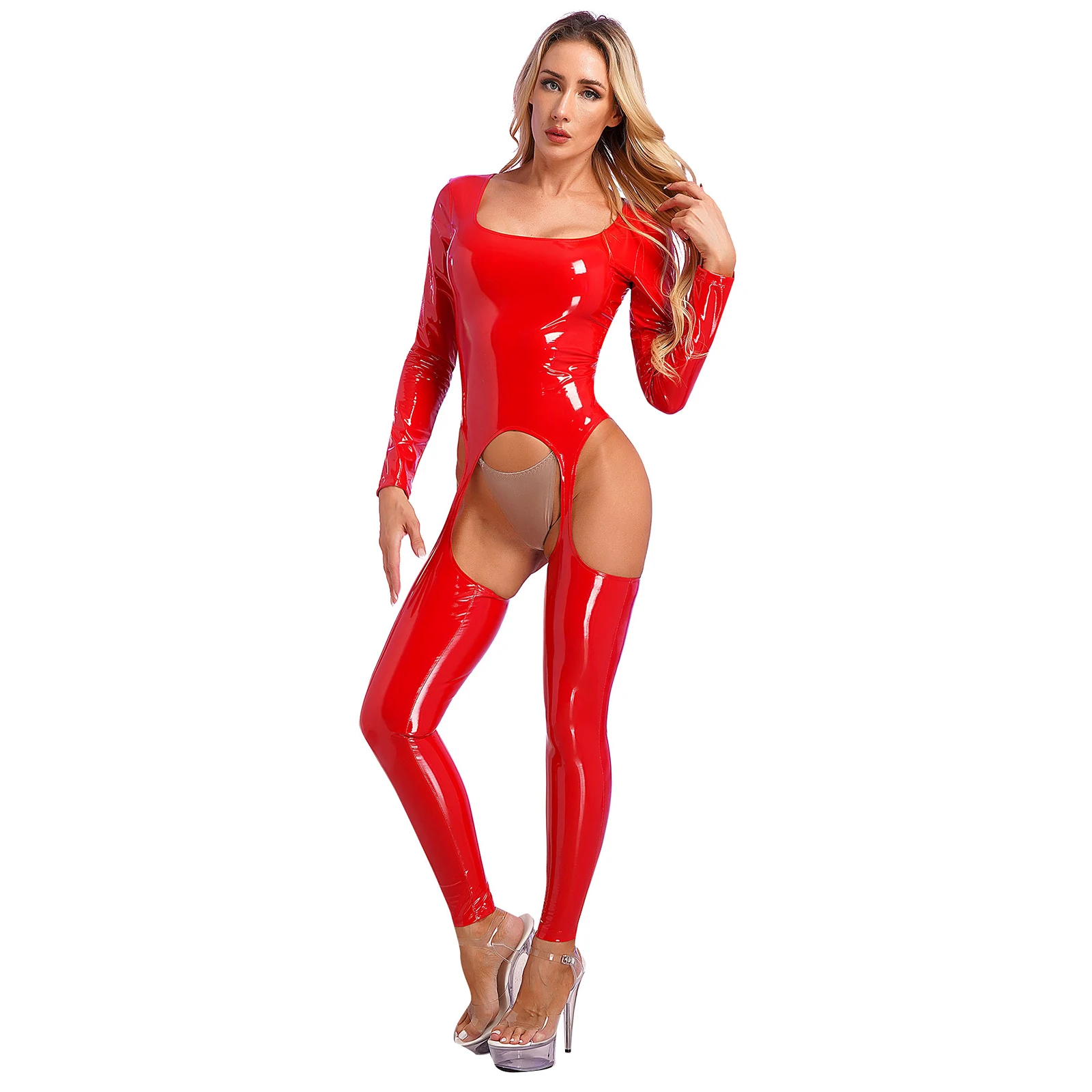 

Womens Leotard Catsuit Glossy Wet Look Patent Leather Skinny Bodysuit Lingerie Long Sleeve Open Crotch Bodycon Jumpsuit Clubwear