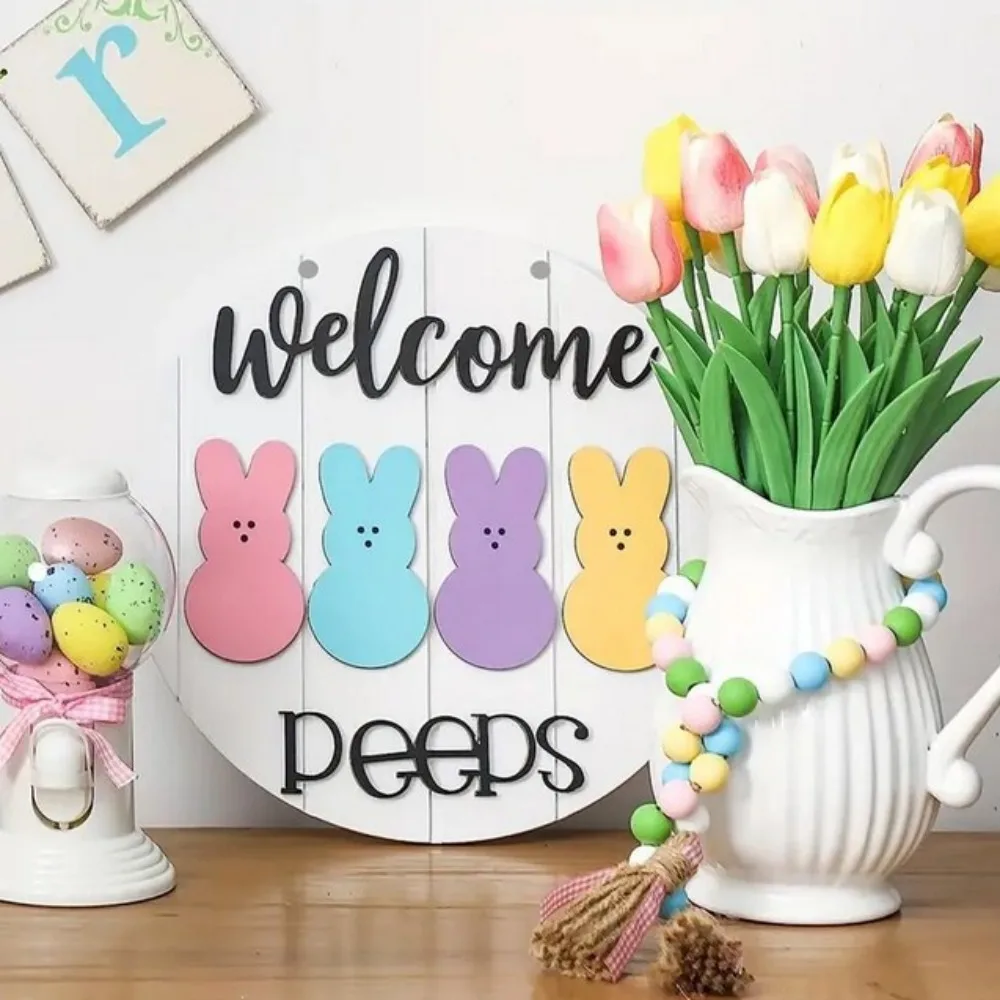 

New Easter Party Decoration Cartoon Bunny Colorful Eggs Wooden Hanging Home Easter Door Plaque Decoration Cardboard Accessories