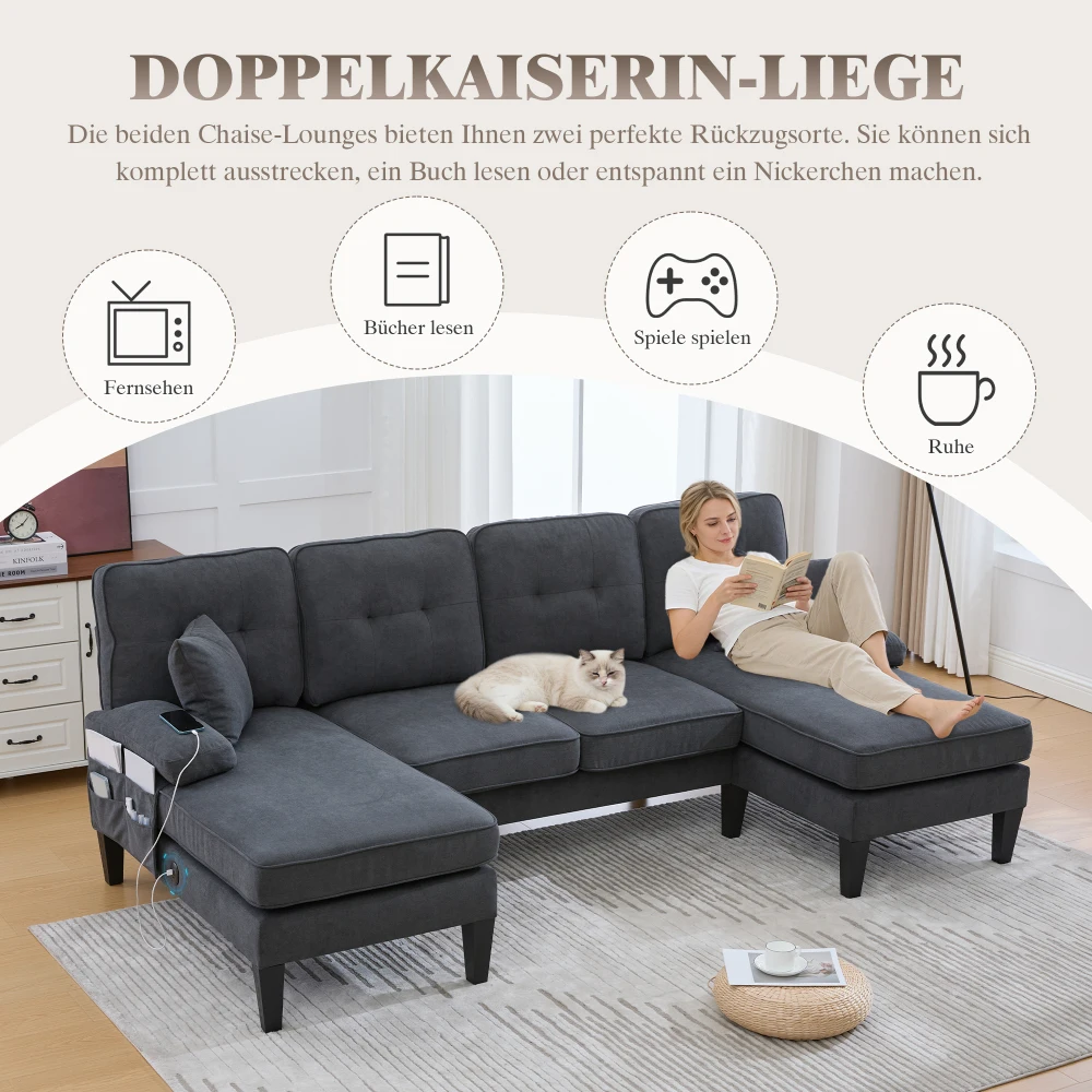 Großes U-förmiges 4-Sitzer-Sofa aus Weichem Leinen, Moderne Rückenlehne, mit 2 Chaiselongues, Stabilen Füßen und Gemütlichen Sitzkissen – Detail 3