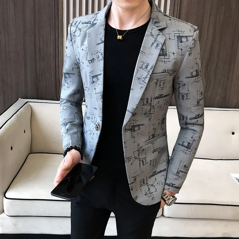 Mens Blazer Slim Fit New Business Fashion Formal Wear Casual Trendy Streetwear High Quality Men's Clothing Printed Suit Jacket