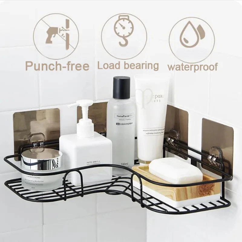 Bathroom Shelf Shower Wall Mount Shampoo Storage Holder With Suction Cup No Drilling Kitchen Storage Bathroom Accessories 2