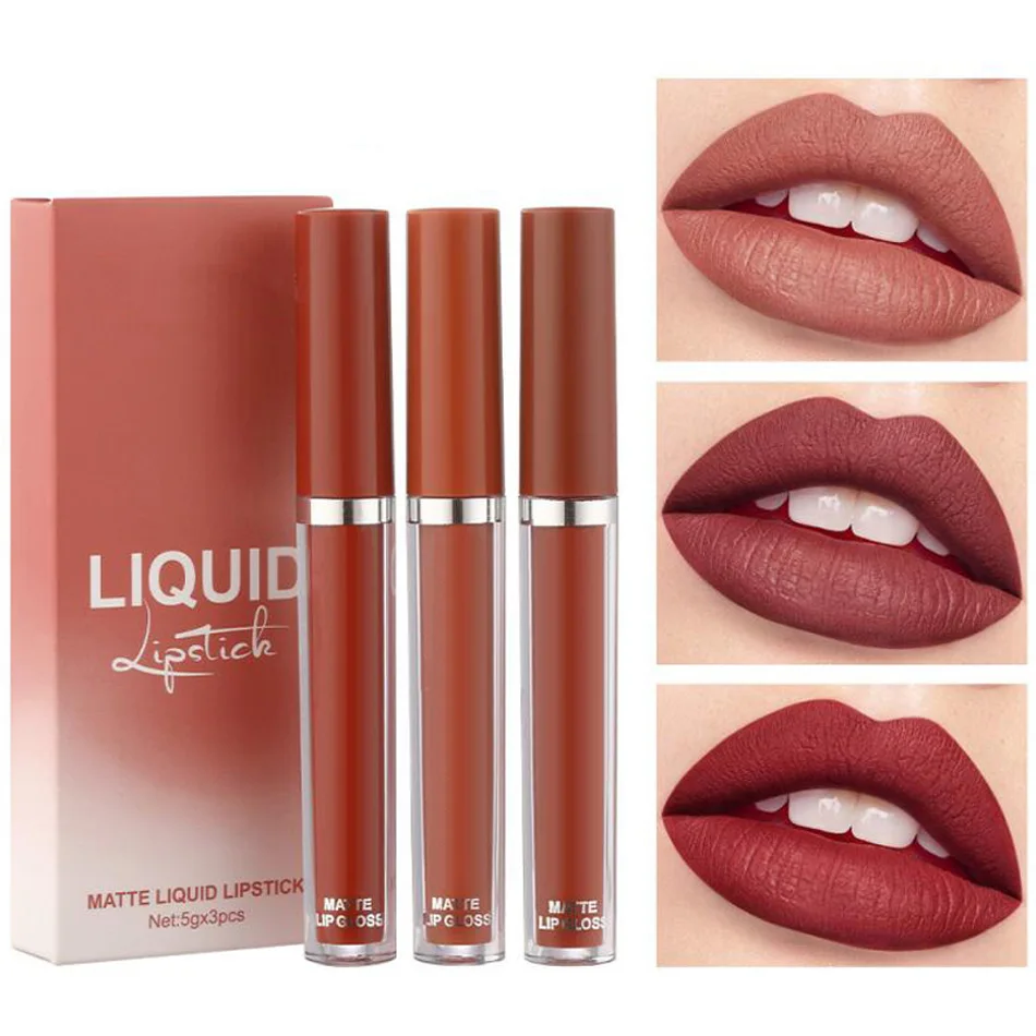 

3Pcs Velvet Matte Liquid Lipstick Set,Waterproof Long Lasting Non-Stick Cup Not Fade Nude Lip Gloss Professional Lip Makeup Gift