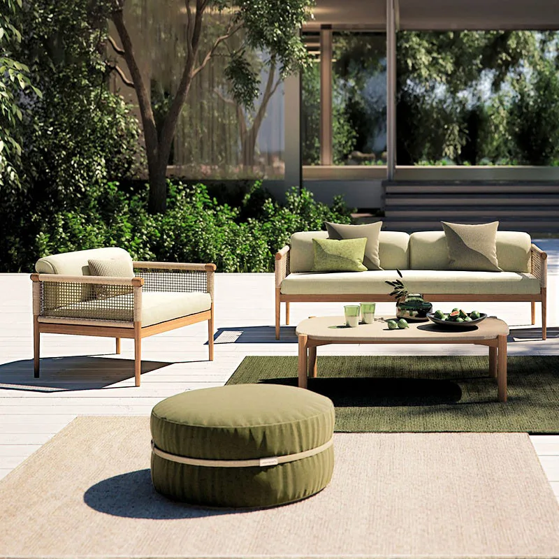 

Outdoor rattan sofa Outdoor outdoor courtyard model room anticorrosive teak furniture garden balcony leisure rattan sofa
