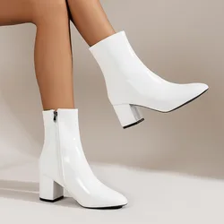 White Ankle Boots for Women 2024 Side Zipper Stretch Middle Heel Large Size Short Boot Fashion Pointed Shoes Botas De Mujer