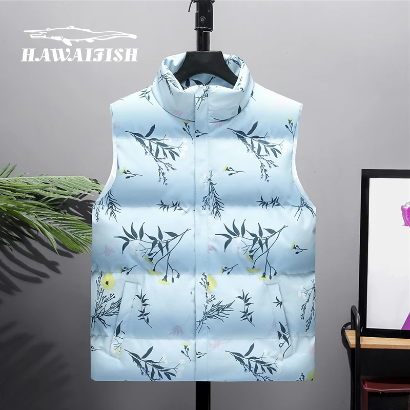

HAWAIFISH Men's Printed Cotton Vest Men's Sleeveless Jacket New Autumn Winter Couple Outdoor Stand Collar Vest Trend Warm Vest