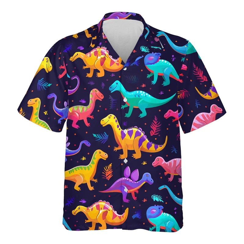 Cartoon Dinosaur 3D Printed Shirts For Men Clothes Cute Design Lapel Blouse Hip Hop Boy Streetwear Harajuku Surfing Short Sleeve 3