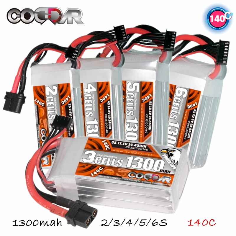 

CODDAR Lipo 2S 3S 4S 5S 6S 7.4V 11.1V 14.8V 18.5V 22.2V Battery 1300mah 140C With XT60 T For FPV Quadcopter RC Racing Drone