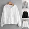 2023 Autum Sweatshirt Long Pocket Zipper Casual Women Top Solid Shirt Sleeve Hooded Women'S Blouse Zip Up Sweat Shirts For Women 1