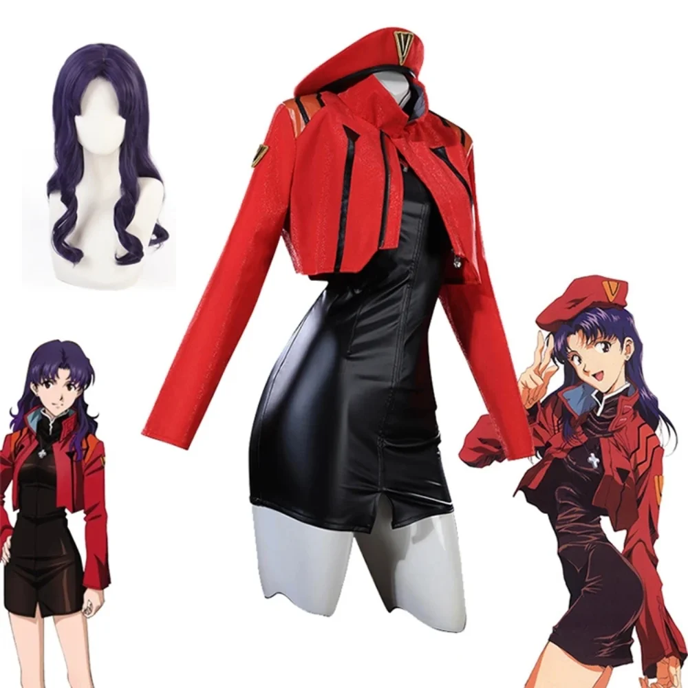 

Anime Cosplay Katsuragi Misato Costume Wig Misato Katsuragi PU Leather Uniform Hat Dress Cosplay Women Fashion Full Set Clothes