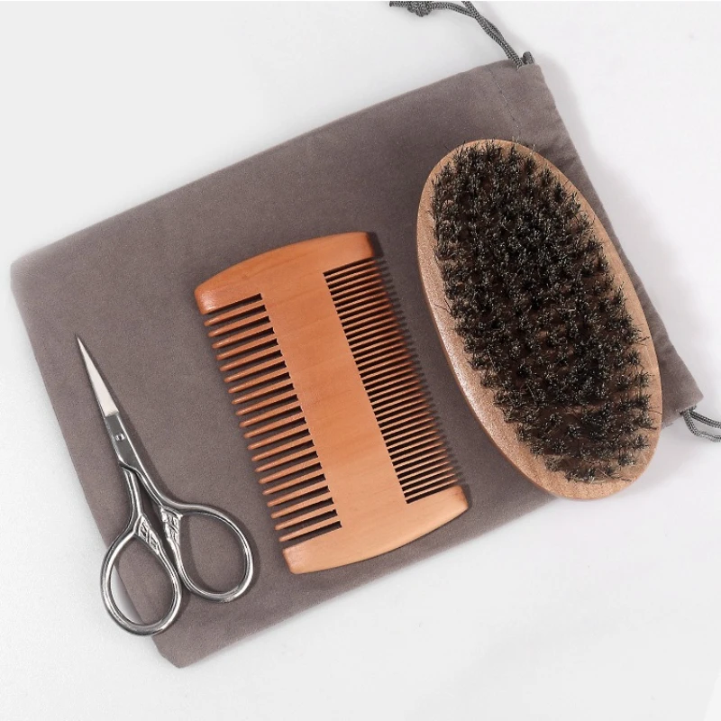 Luxurious Soft Boar Bristle Shaving Brush & Wooden Comb Grooming Kit with Gift Bag