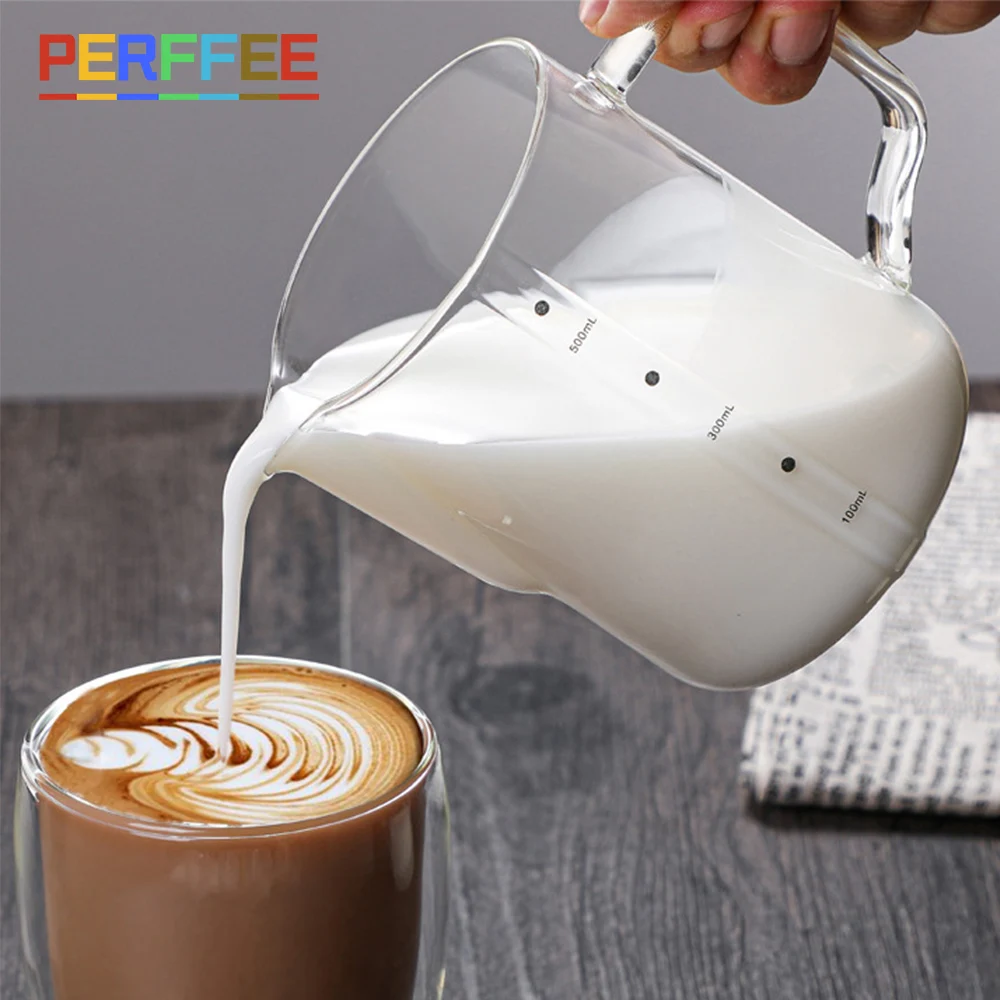 350/600Ml Montalatte Vetro Latte Brocca Barista Caffè Espresso Latte Latte Schiuma Brocca Caffè Trasparente Brocca Con Scala