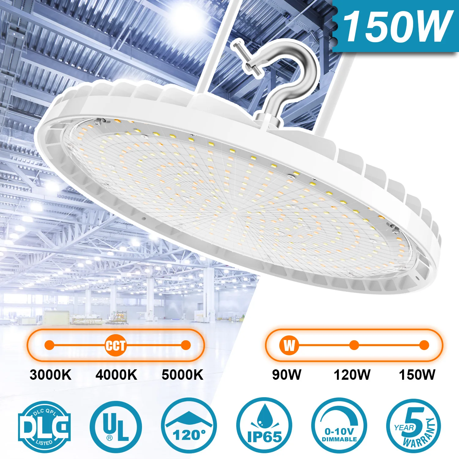 

US Warehouse Free Delivery 150W UFO LED High Bay Lights CCT Wattage Tunable IP65 Warehouse Shop Fixture UL DLC Listed