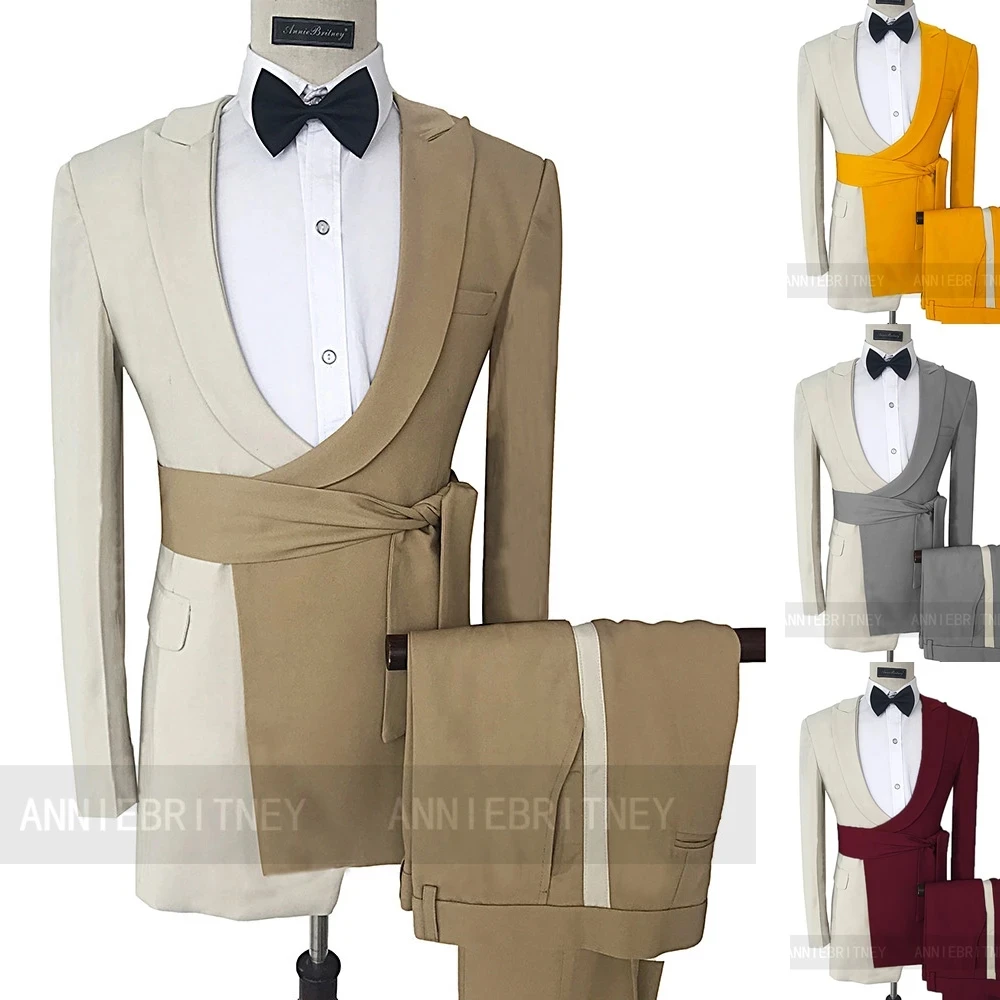 Formal Beige Camel Patchwork Belt Men Suit 2 Pieces Blazer Tailored Jacket Wedding Men Suits For Elegant Groom Tuxedo Pants