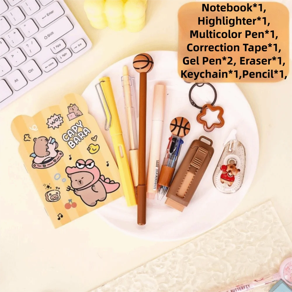 Cartoon School Stationery Set 6 Color Pens Stick Note Student Tools Gift Kit Eraser Large Capacity Learning Gift Box - 5