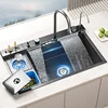Stainless Steel Kitchen Sink Waterfall with Trash Can Cup Wash Right Side Undermount Countertop Washbasin Large Single Sink 1