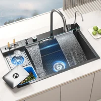 Stainless Steel Kitchen Sink Waterfall with Trash Can Cup Wash Right Side Undermount Countertop Washbasin Large Single Sink 1