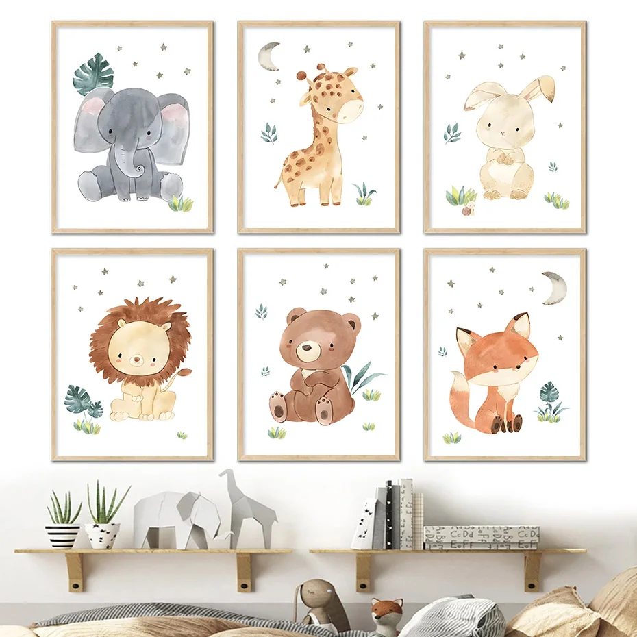 

Boho Cartoon Cute Elephant Giraffe Animals Posters Nursery Canvas Painting Wall Pictures Wall Poster Modern Art Playroom