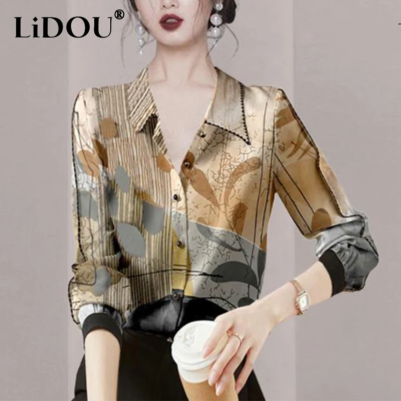 

Spring Summer Street Style Fashion Printed Vintage Blouse Female Long Sleeve Harajuku Y2K All-match Top Ladies Polo-neck Shirt