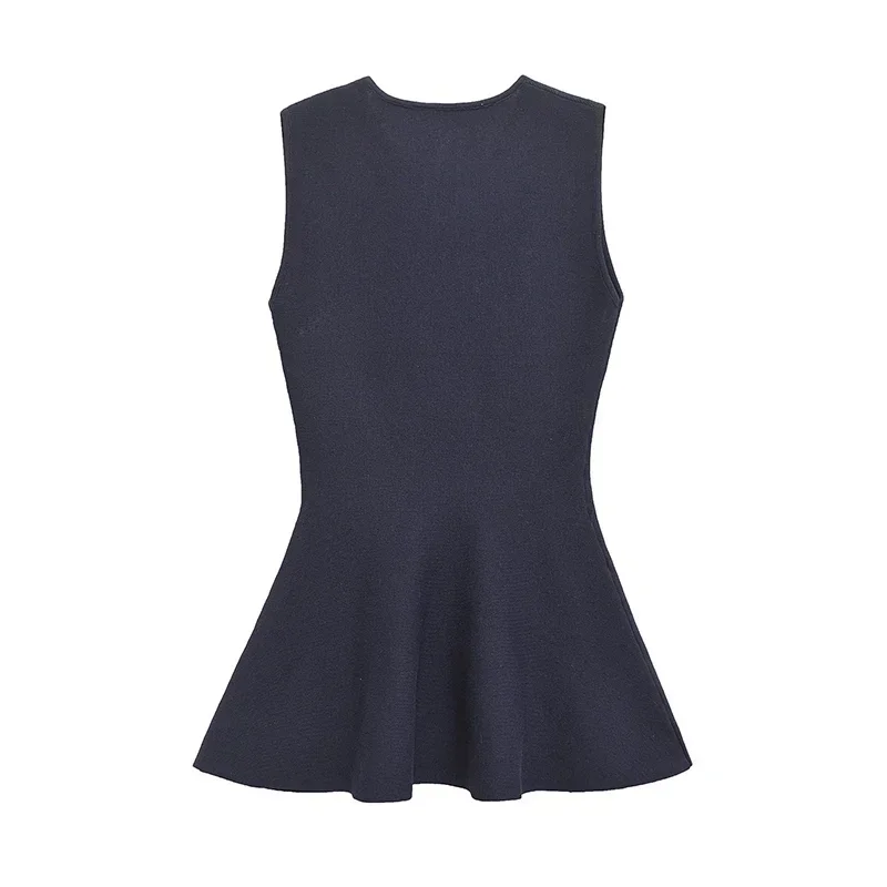 Conjunto elegante de dos piezas de pantalón de punto con cuello redondo, sin mangas, con volantes en los bajos, cintura alta, elástico, para dama, nuevo en trajes a juego.
