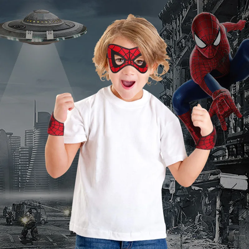Superhero Cosplay Props Halloween Mask Props Kids Superhero Spider-Man Mask + Wrist Guard Set for Boys Girls Halloween Dress Up Prom Party Spider Cosplay Suit Accessories