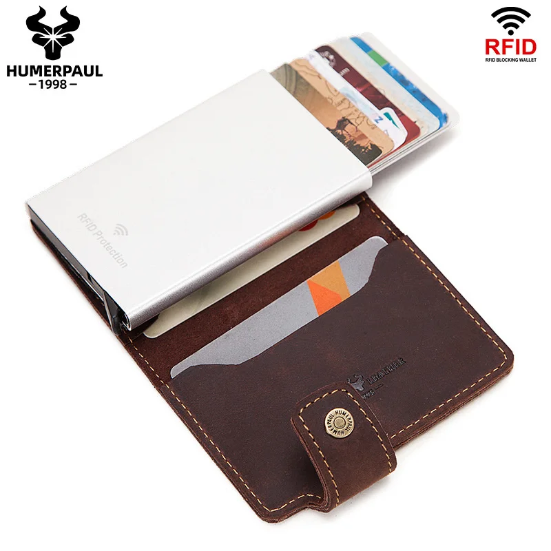 

Leather automatic pop-up credit card case, business metal aluminum RFID case