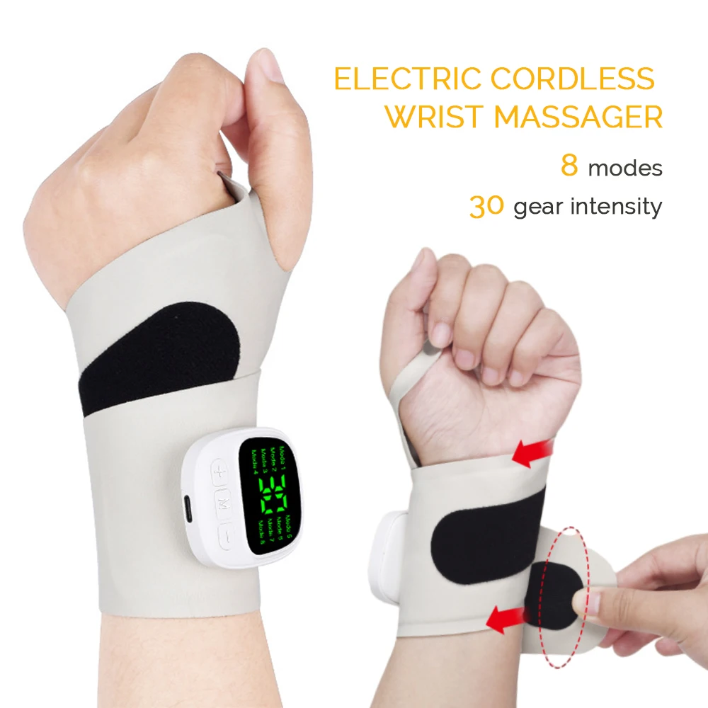 8 Modes Electric Hand Wrist Massager Adjustable 30 Gear Intensity Wrist Compression Brace Vibration Relieves Tenosynovitis Massa