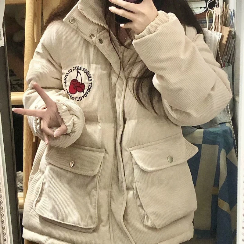 2023 Winter New Women Cotton Clothes Loose Top Casual Stand Collar Parkas Fashion Warm Outcoat Corduroy Embroidered Outwear
