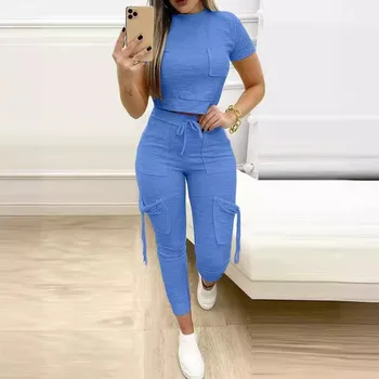 Tight Solid Color Two Piece Set Women Cropped T Shirt Slim Long Pants Pocket Ladies Sets 2025 Spring Summer Sportswear 1