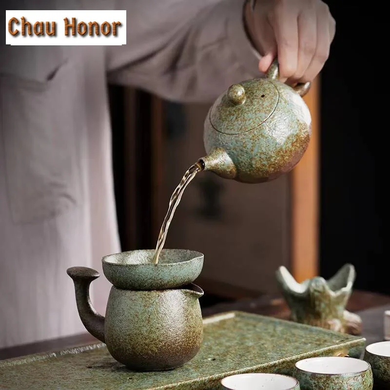 230ml Japanese Coarse Pottery Teapot Retro Stoneware Xishi Pot Tea Soaking Kettle with Strainer Kung Fu Tea Cafes Cha Ornaments