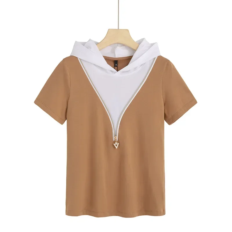 

Splicing Contrast Color Trendy Maternity Hooded Short Sleeve T-Shirt gray22
