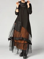Plus Size Women's Dress Cowl Neck Patchwork Mesh Tiered Long Sleeve Maxi Dress A-Line Aysmmetric Hem Dress-Only Black Part - Image 4