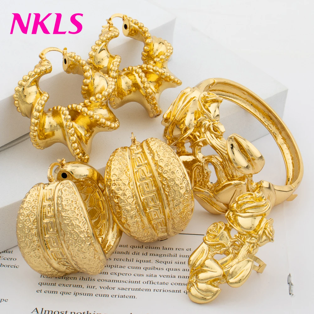 Bridal jewelry sets earring ring sets Dubai Women Luxury Bangles Earrings Rings Set High Quality Classic Gold Color Jewelry Sets Fashion Bridal Jewelry Wedding Party