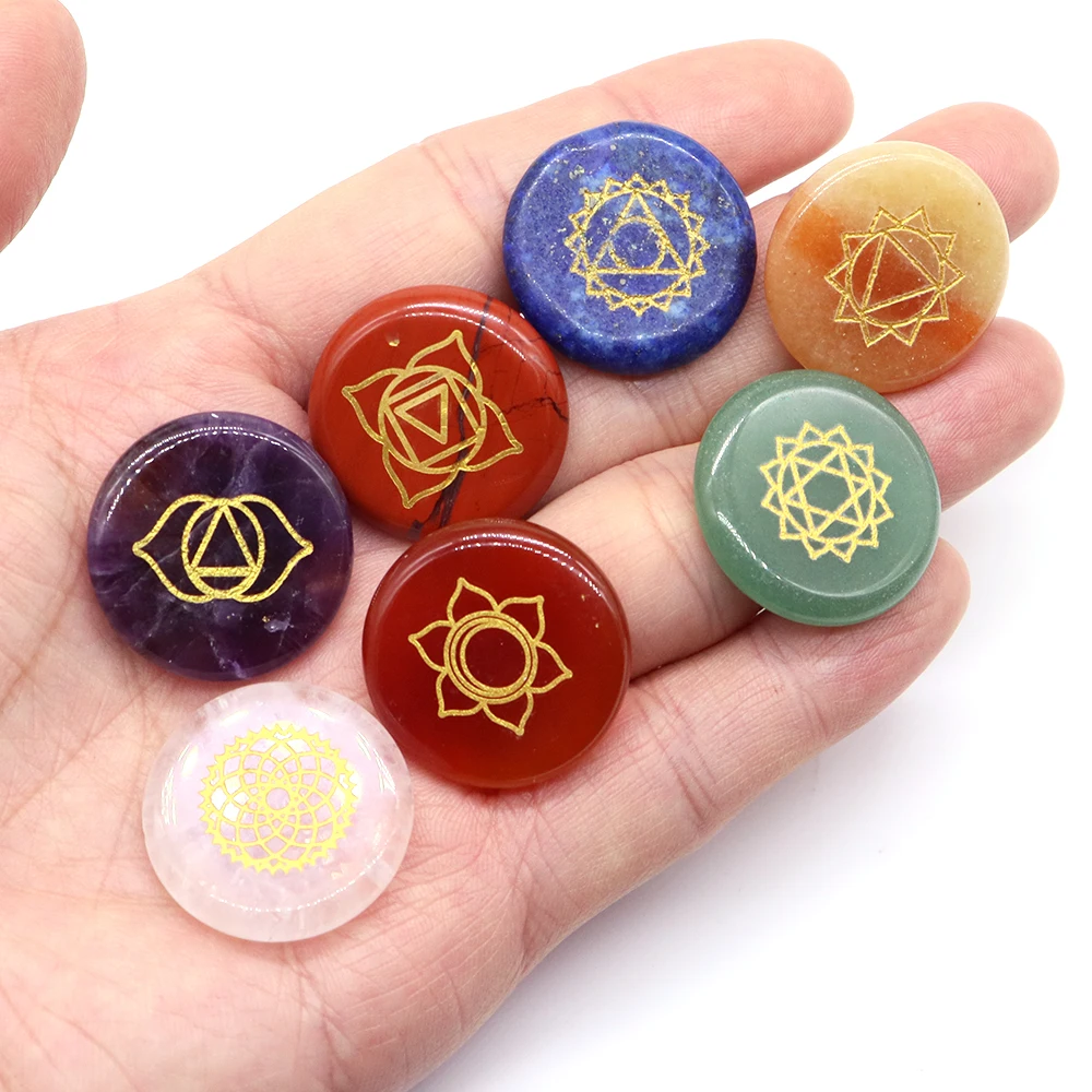 Juego de cristal Reiki curativo de piedra Natural de 7 Chakras, energía pulida Wicca, piedra preciosa de bolsillo de Palma, productos espirituales de meditación de 25mm