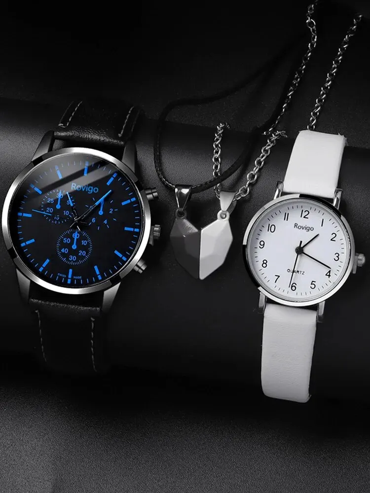 4pcs Quartz Watch Fashion Versatile Creative Personalized Men and Women Couple Watch with Love Pendant Necklace Combination Set