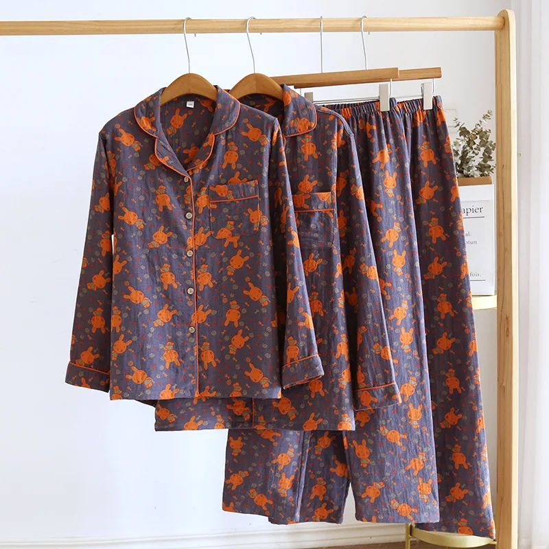 

New fashion printed double gauze wrinkly cotton sleepwear women and men couple pajamas sets long-sleeve pyjamas plus size