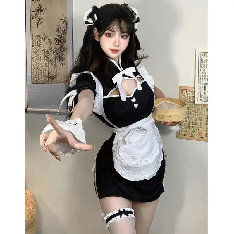 

Anime Girls Cute Chinese Maid Qipao Cosplay Costume Lolita Hight Slit Cheongsam Dress Hollow Out Nightdress Pajamas Dropship