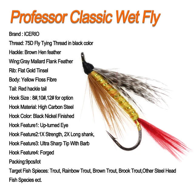 Icerio 9pcs Gray Mallard Flank Feather Wing Professor Classic Wet Fly  Rainbow Brown Brook Trout Fishing Lures Baits #8 #10 #12 - Fishing Lures -  AliExpress