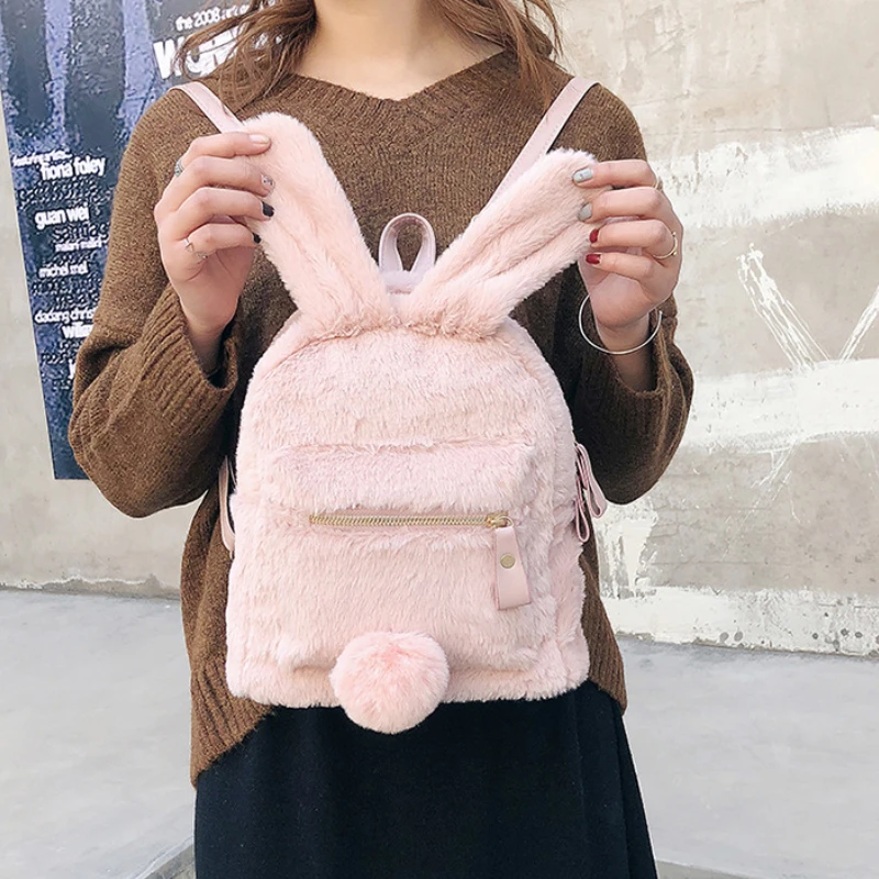 Cute Fluffy Rabbit Kids School Backpack Winter