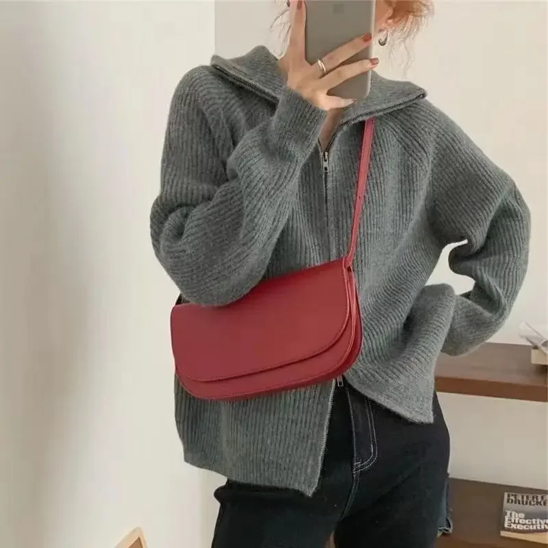 여성용 니트 가디건 지퍼 OL 아우터 상의, 솔리드 스웨터, 우아한 라펠, 따뜻한 짧은 코트, 터틀넥, 가을, 겨울, 신상
